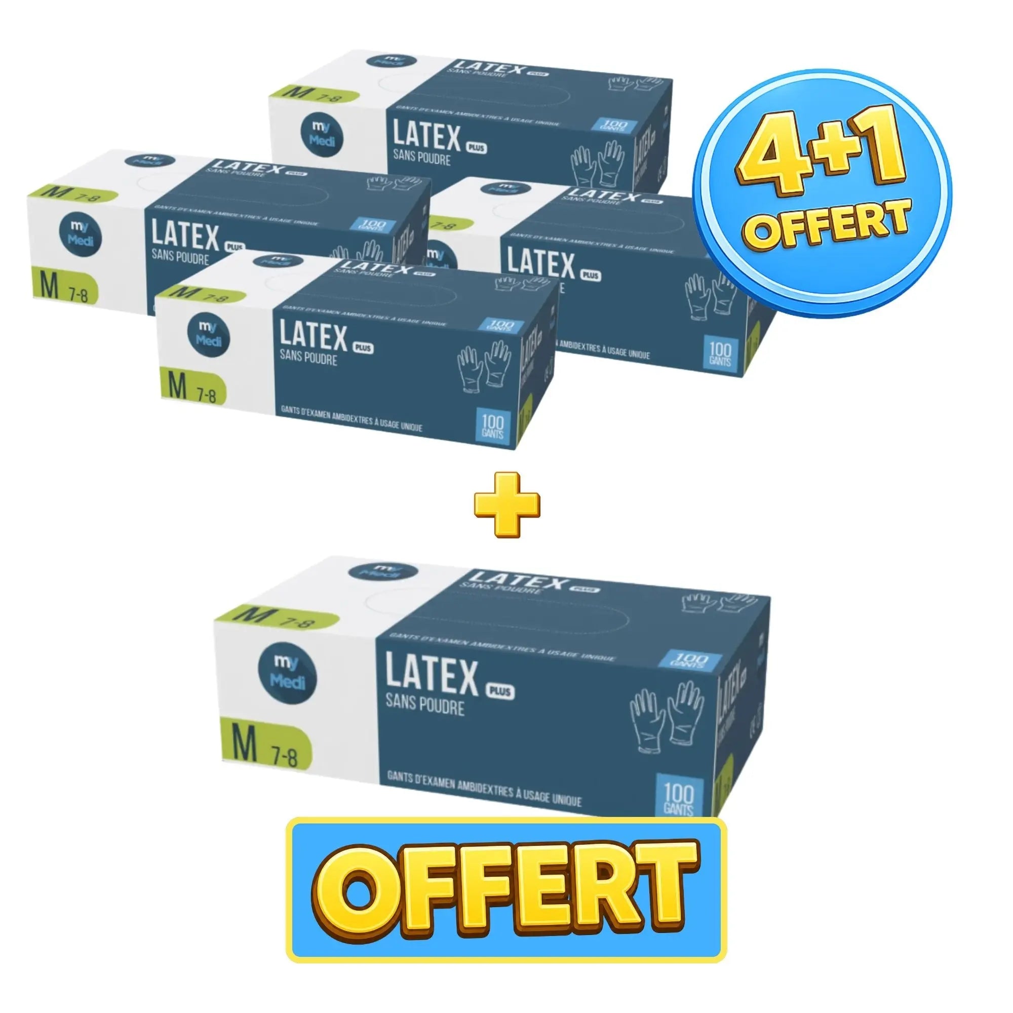 Pack 4+1 boîtes de 100 gants d'examen - Latex - Sans poudre - Ambidextres My Medical 